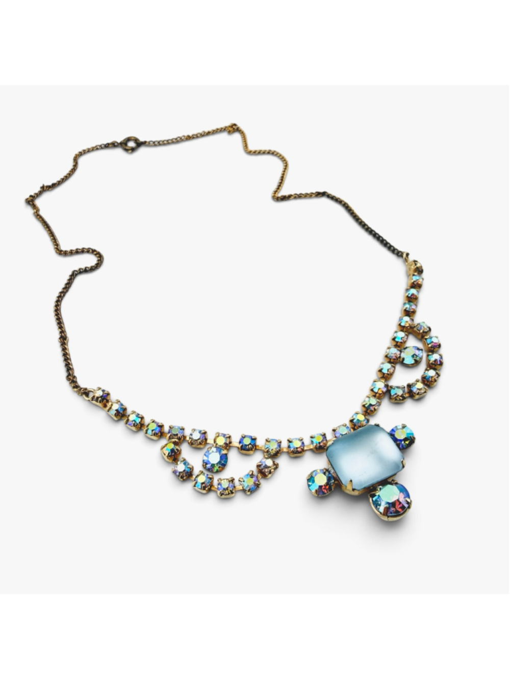 Vintage Czech Aurora Borealis Rhinestone Necklace Blue Glass Pendant Gold Tone